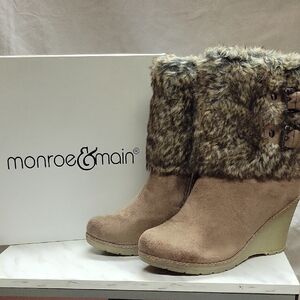 Monroe & Main Faux Fur Trim Wedge Boots